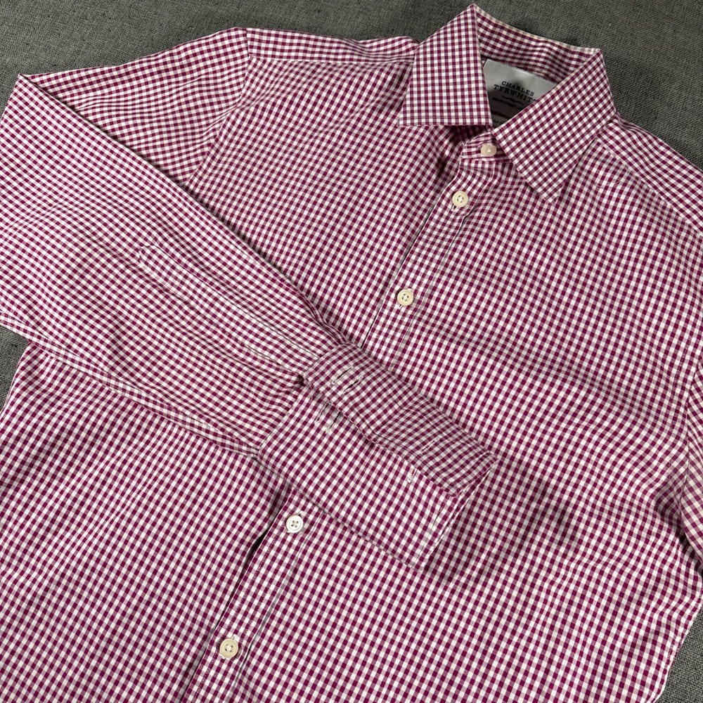 Charles‎ Tyrwhitt Dress Shirt Mens 15/33 Burgundy Gingham Extra Slim Fit Cotton